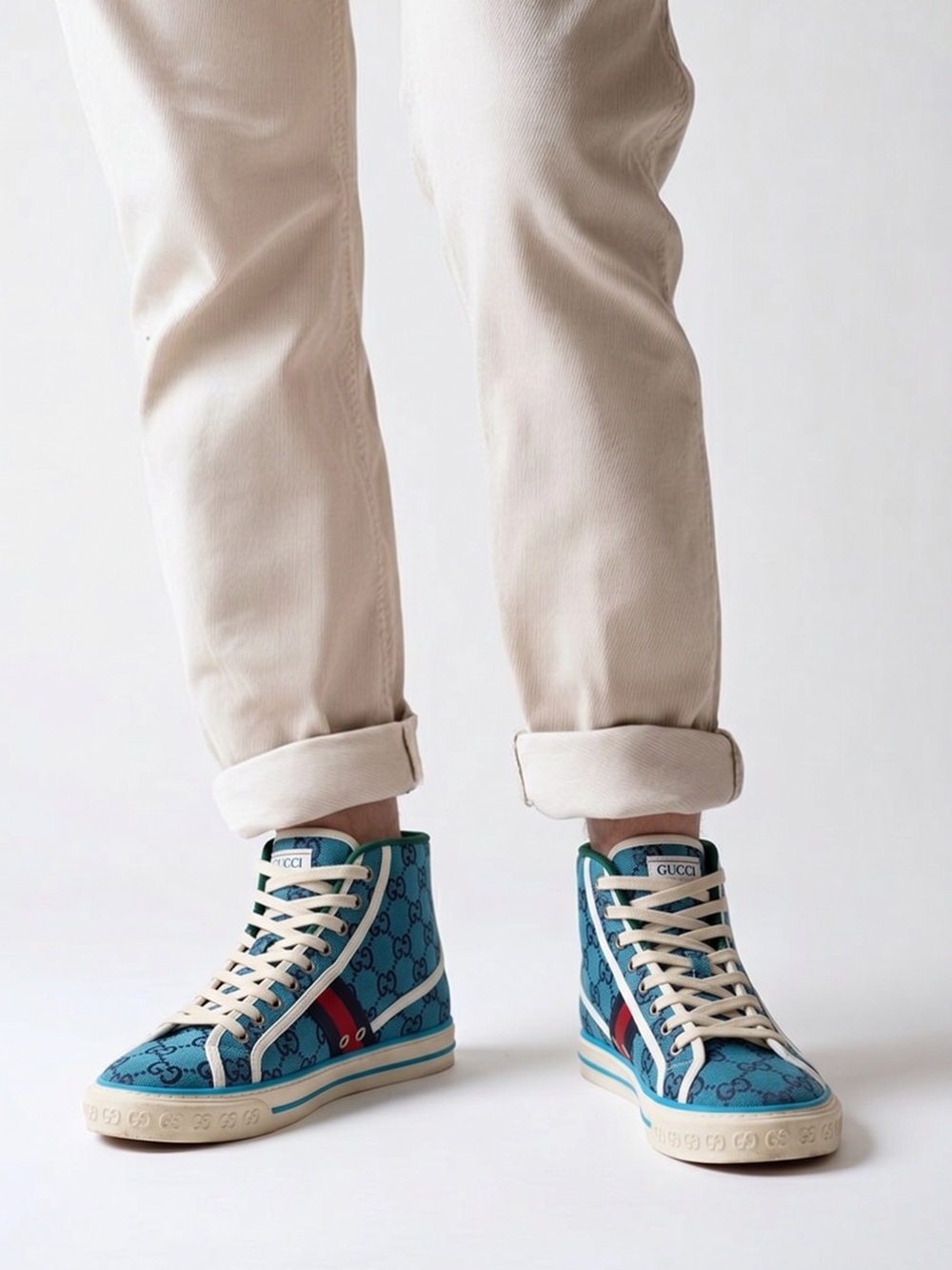 Gucci Teal Blue GG Supreme High-Top Sneakers with Red Stripe
